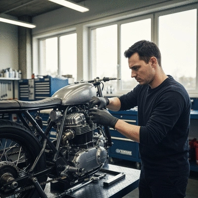 Professional motorcycle mechanic working on an engine in a clean workshop