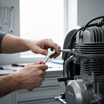 Mechanic hands working on motorcycle engine with tools