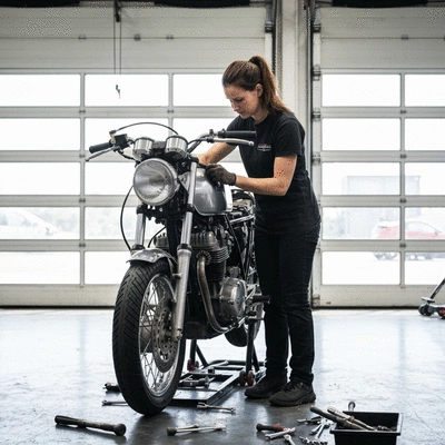 Professional motorcycle mechanic working on a bike in a clean garage with tools