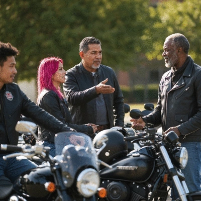 Group of diverse motorcycle riders interacting in a community setting