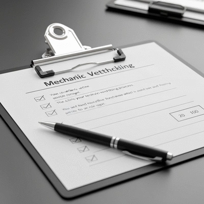 Close-up of a checklist on a clipboard with a pen, focused on vetting a mechanic