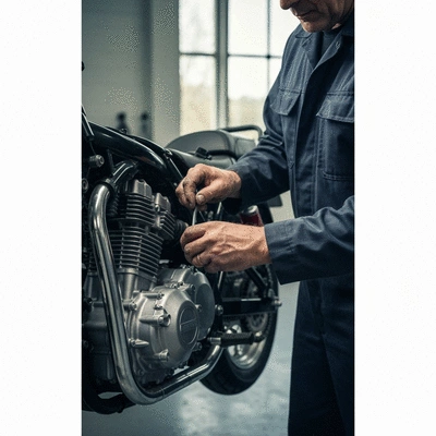 Mechanic working on a motorcycle engine, showing detailed repair
