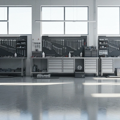 Modern motorcycle repair shop with various tools and equipment