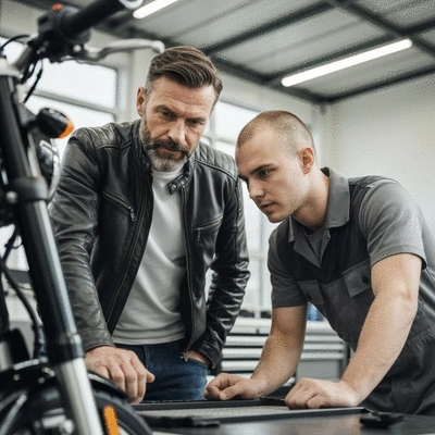 Motorcycle owner discussing repair with mechanic, showing communication and trust