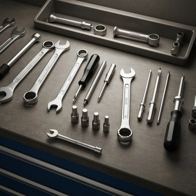 Assortment of motorcycle repair tools neatly laid out on a workbench