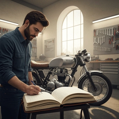 Motorcycle owner tracking maintenance history in a notebook