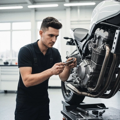 Motorcycle mechanic working on an engine in a clean, modern workshop