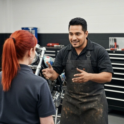 Motorcycle mechanic discussing service options with a customer in a professional setting