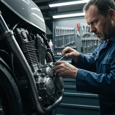 Close-up of motorcycle engine being worked on by a mechanic, emphasizing quality service and care