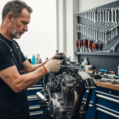 Motorcycle mechanic working on a bike engine in a clean, modern workshop