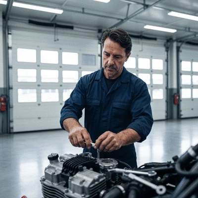Mechanic working on motorcycle engine with tools