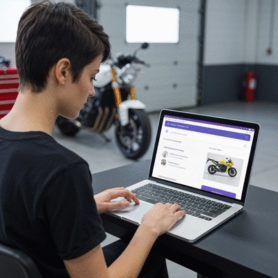 Person using a laptop to book motorcycle repair services online, with a motorcycle in the background