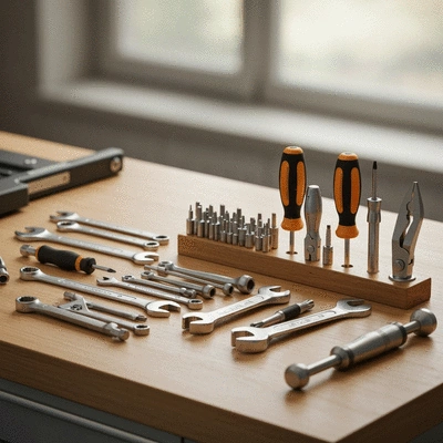 Assortment of motorcycle repair tools neatly arranged on a workbench
