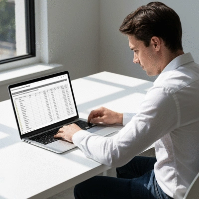 Person reviewing a motorcycle maintenance budget spreadsheet on a laptop