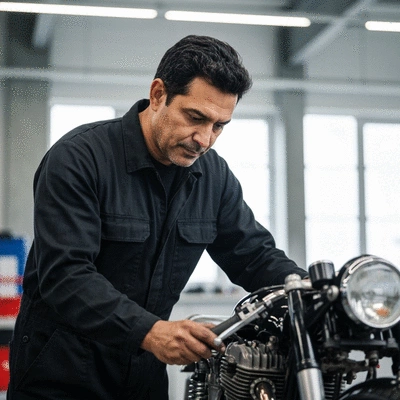 Motorcycle mechanic talking to a customer in a clean, modern workshop