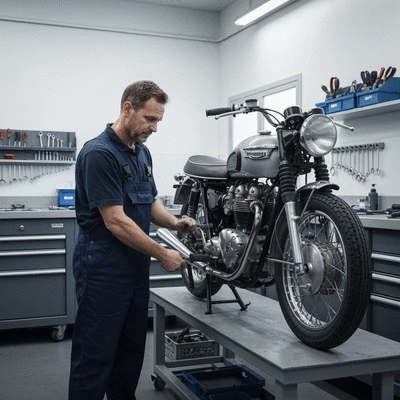 Mechanic performing routine maintenance on a motorcycle in a clean workshop