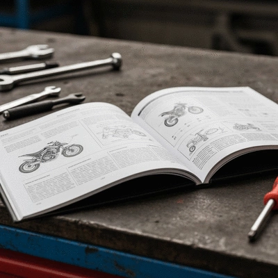 Open motorcycle repair manual on a garage workbench with tools in the background, focused on detailed diagrams